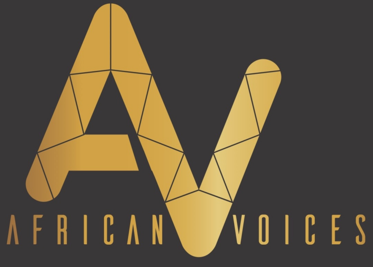 Gold geometric letters "AV" with triangular patterns on a black background. Below, the text "African Voices" in capital letters, styled with gold metallic effect.