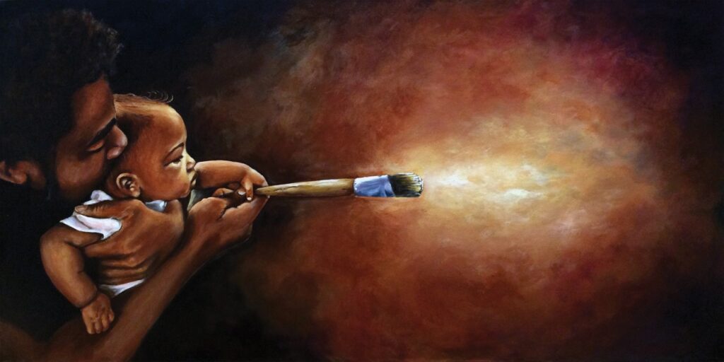 A painting depicts a man holding a baby who is gripping a large paintbrush. The background is a mix of dark to light colors, blending from deep browns to bright yellow-white. The man guides the baby's hand, aiming the brush towards the light, symbolizing creation or inspiration.
