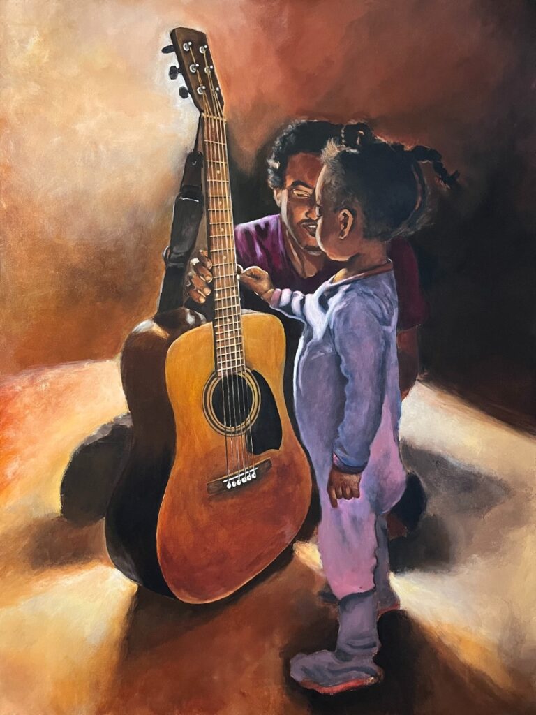 A heartwarming painting depicts an adult and a young child interacting with an acoustic guitar. The adult, mostly obscured, gently guides the child, who is dressed in a purple onesie. The child curiously touches the guitar strings, illuminated by soft, warm light against a dark background.