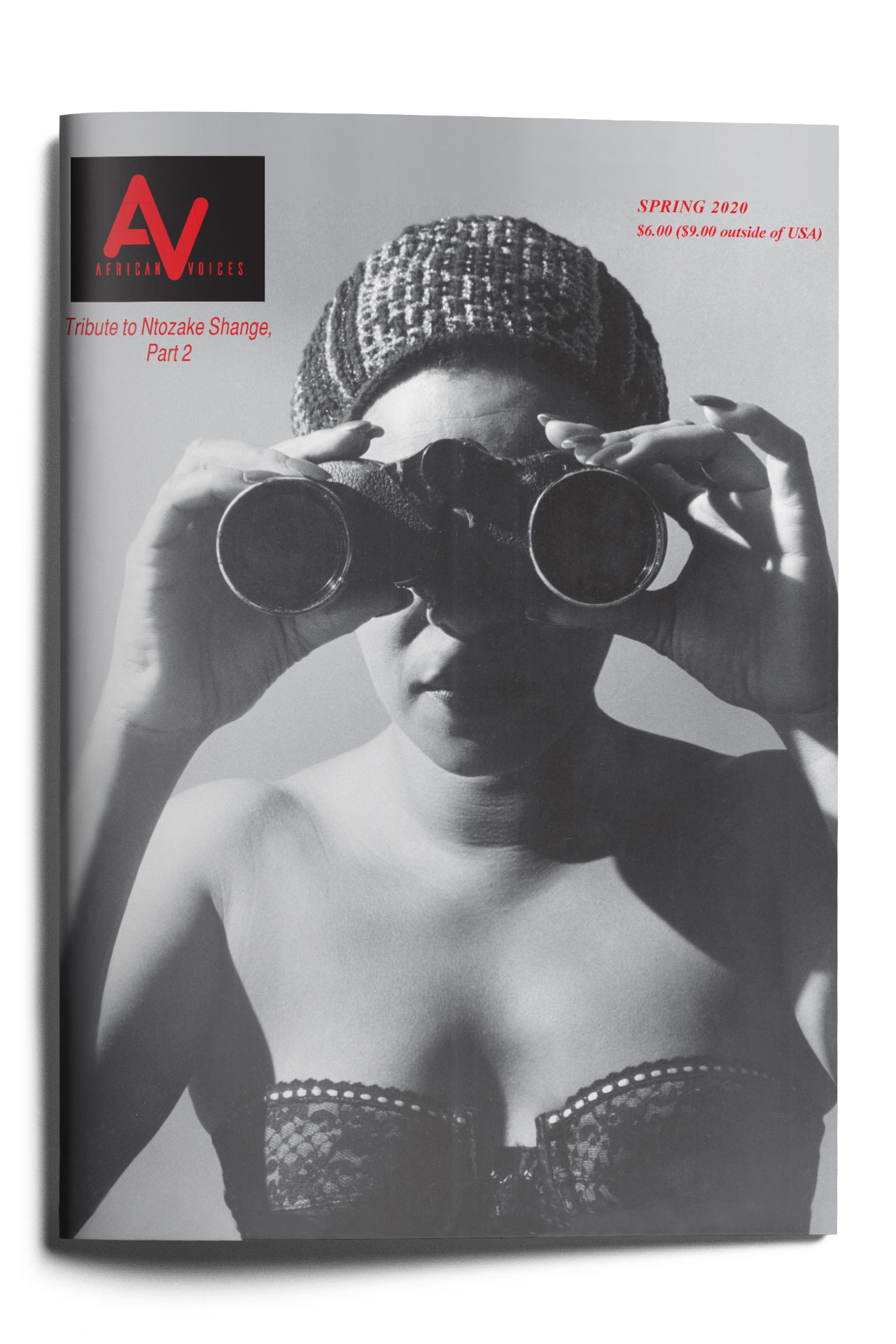 Cover of African Voices magazine, Spring 2020 edition. A woman in a strapless top looks through binoculars. She wears a knitted cap. Text includes “Tribute to Ntozake Shange, Part 2.” The magazine logo is in red at the top left. Price details are in the top right.