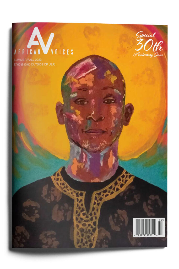 Magazine cover titled "African Voices" features a vibrant portrait of a person against a bright yellow, circular backdrop. Text includes "Special 30th Anniversary" and pricing details. The individual wears a patterned shirt with golden designs.