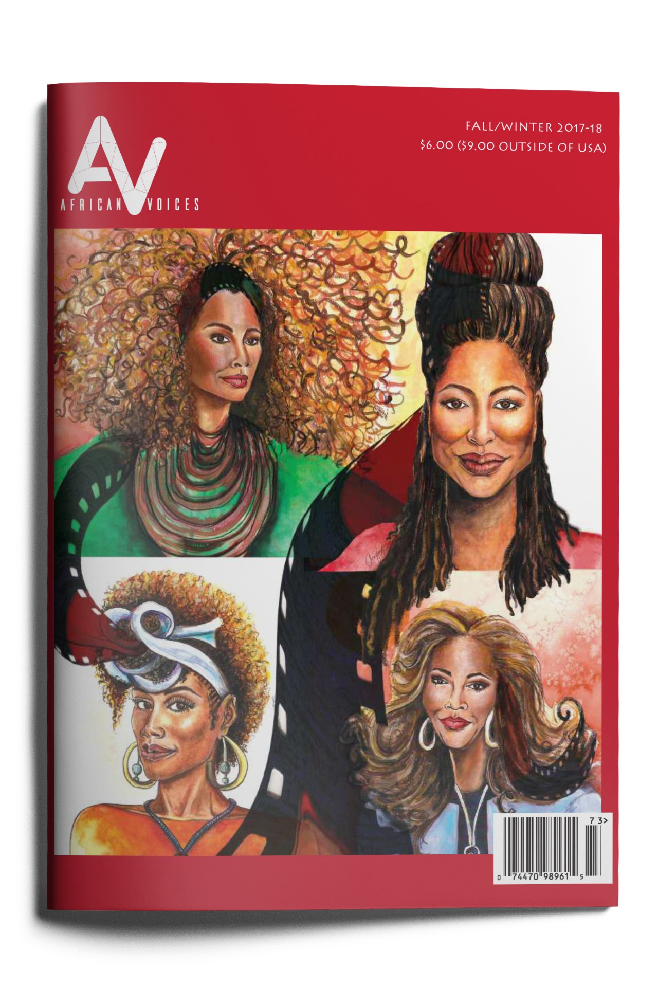 Magazine cover titled "African Voices" with a red border. It features illustrated portraits of four women with diverse hairstyles and expressions. The top right corner reads "Fall/Winter 2017-18, $6.00 ($9.00 Outside of USA)" and a barcode is at the bottom right.