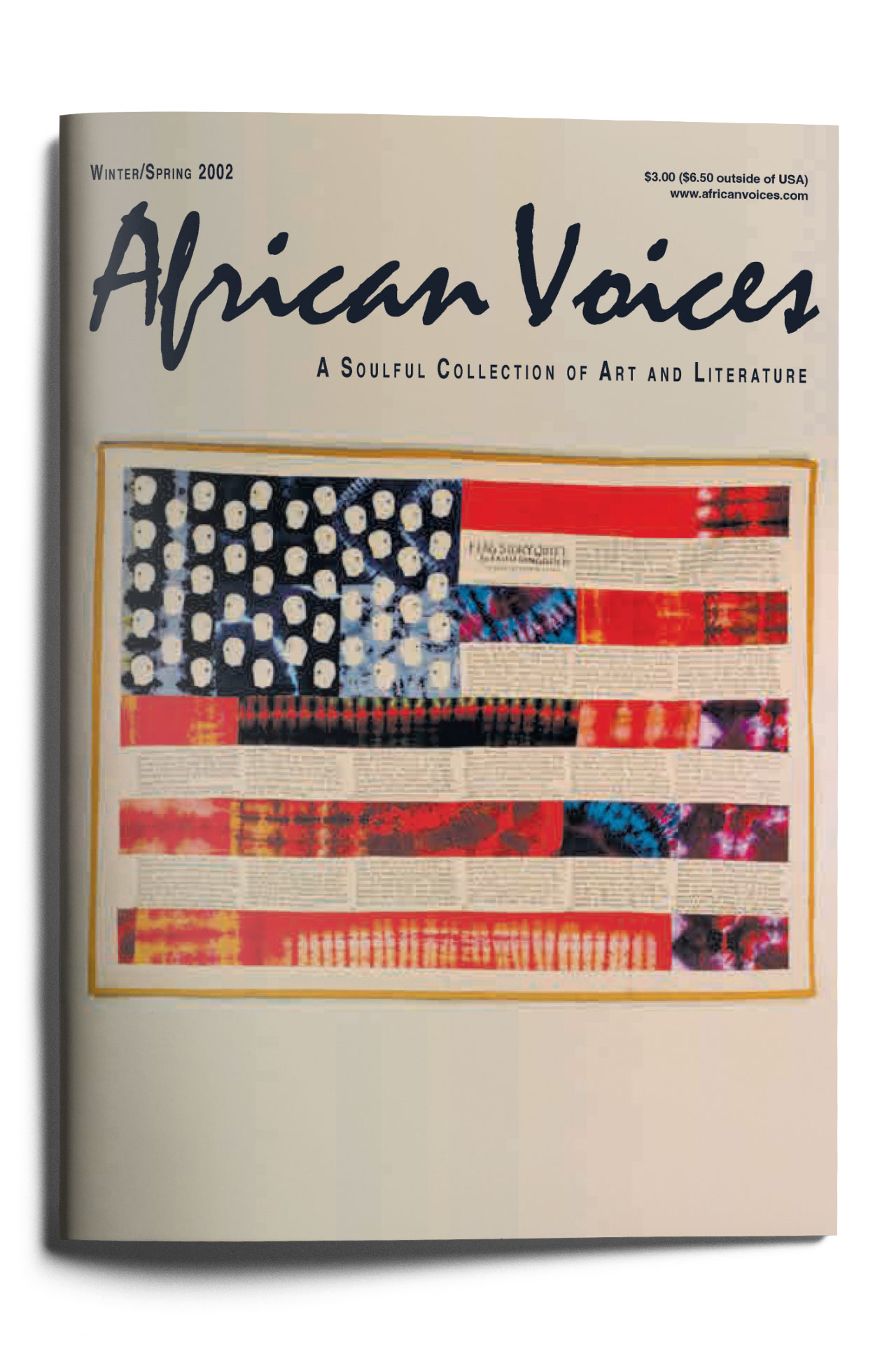 Cover of "African Voices" Winter/Spring 2002. Features a stylized American flag with abstract art elements. The title reads "A Soulful Collection of Art and Literature." Price is $3.00 ($5.00 outside USA). Website: www.africanvoices.com. Colors are predominantly red, white, and blue.