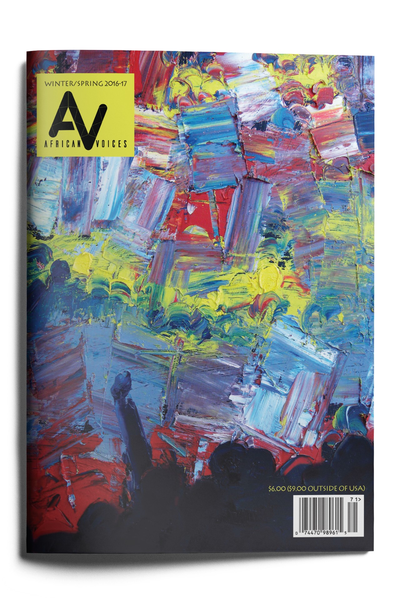Cover of African Voices magazine, Winter/Spring 2016-17 issue. Features abstract art with vibrant, textured brushstrokes in blue, red, yellow, and white hues. Includes logo "AV African Voices" on a yellow box top left and price info at bottom right.