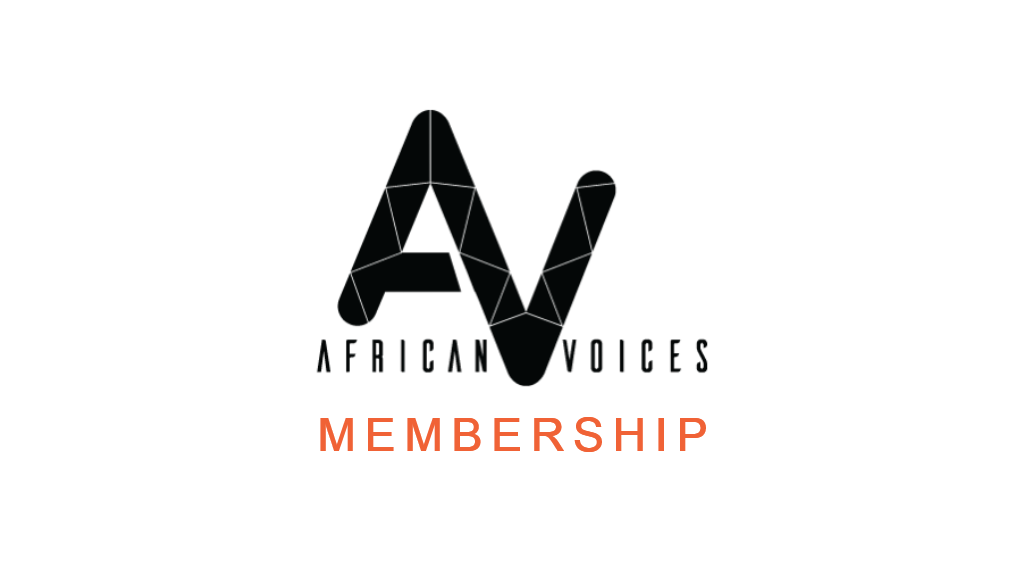 Logo featuring a large "AV" in black, styled with intersecting lines. Below, the text "AFRICAN VOICES" appears in smaller black letters. Underneath, "MEMBERSHIP" is prominently displayed in bold, orange uppercase letters. The background is white.
