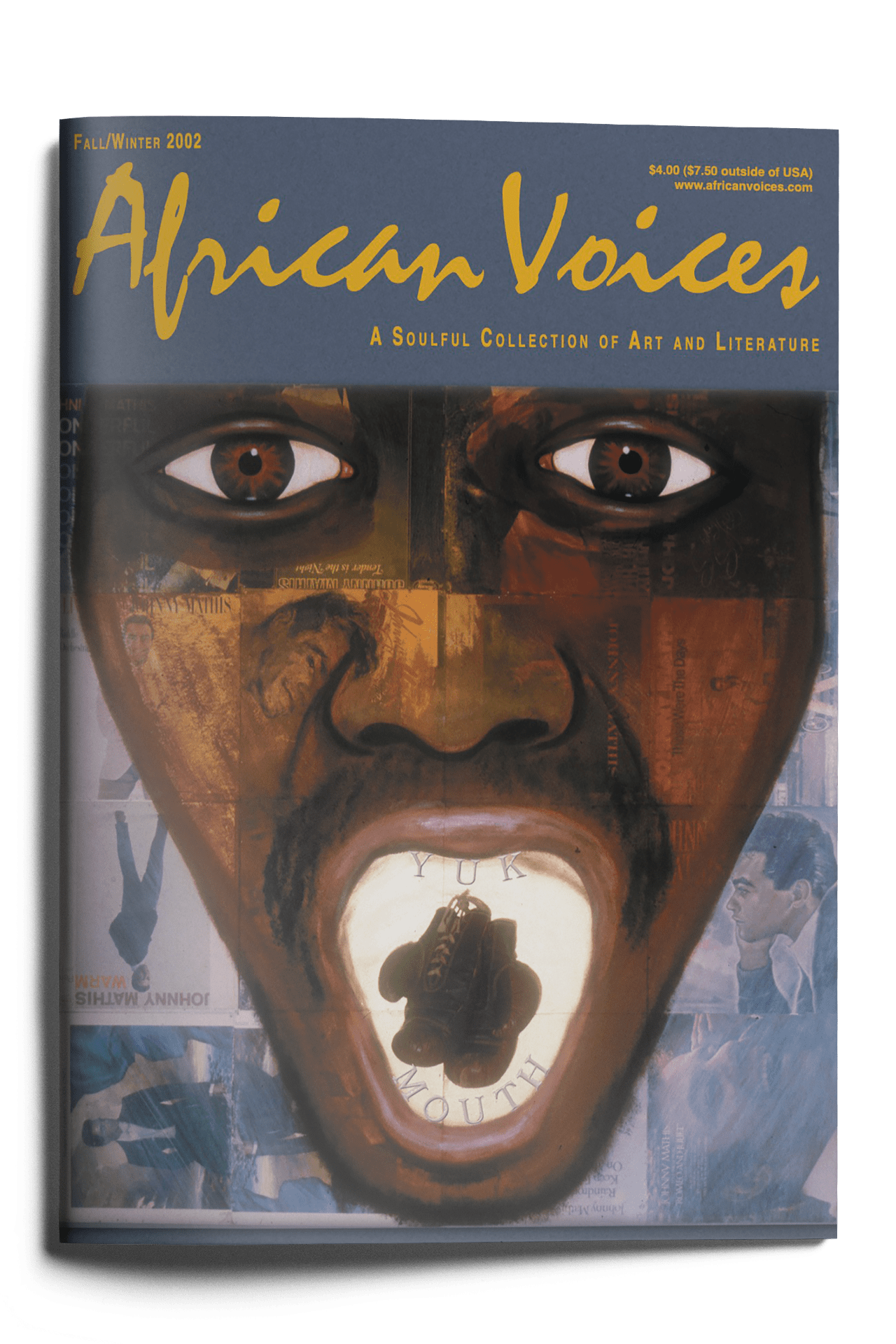 A magazine cover titled “African Voices,” Fall/Winter 2002 issue. The central image is a painted face of a Black person with wide eyes and an open mouth showing the words “YUK MOUTH” on the tongue. Faint collage images of people and text appear in the background.