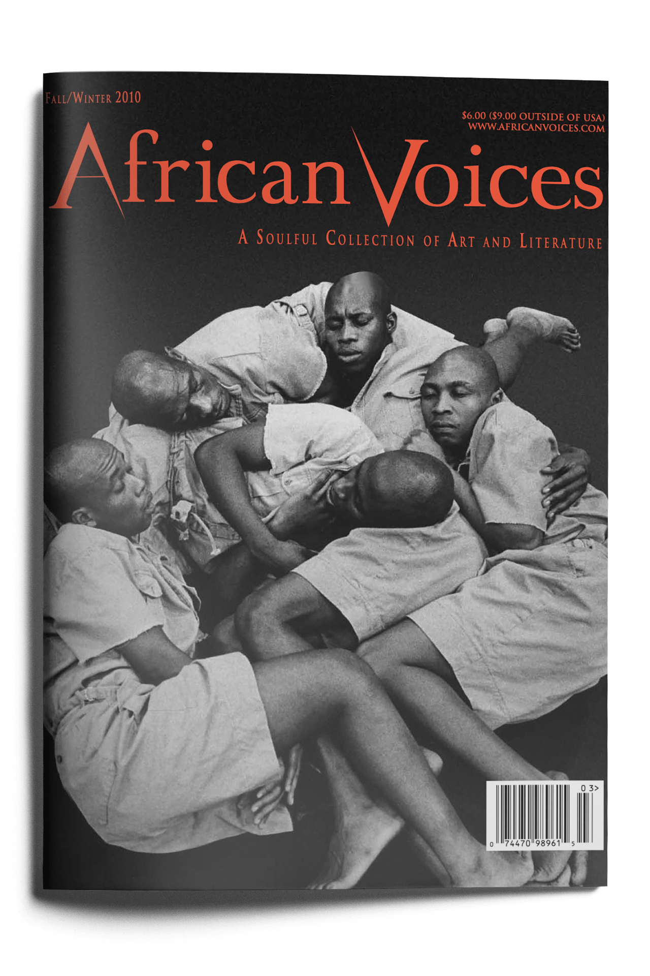 The magazine cover shows five Black men in light clothing lying closely together in an intertwined, protective embrace. The title “African Voices” appears in bold red at the top, with cover lines about art and literature. The image has a somber, intimate tone.